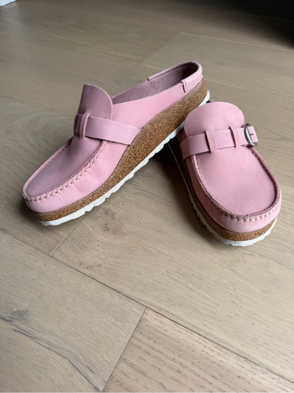 Birkenstock Pink Suede Cork Platform Slip-On Mules